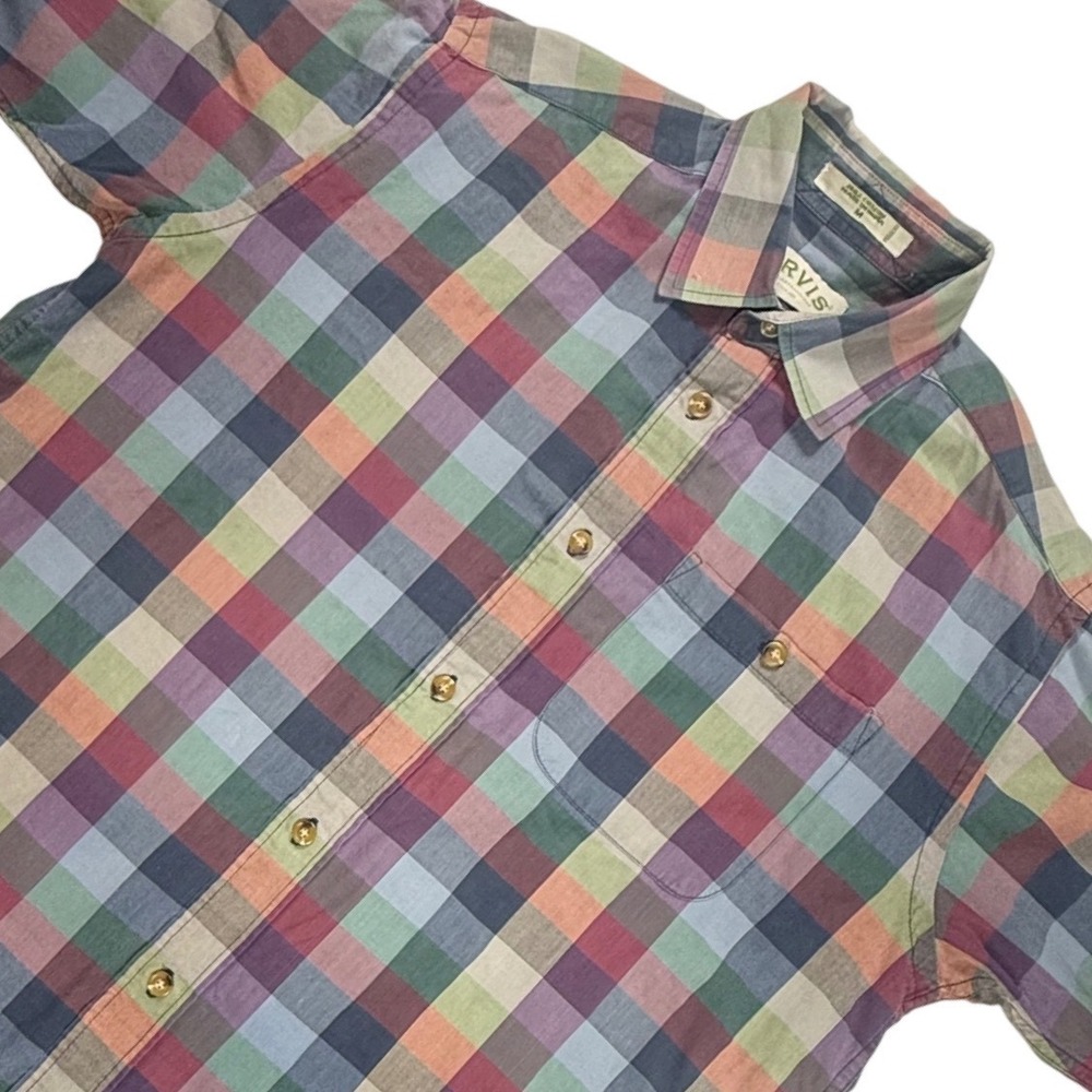 Orvis Mens Medium Short Sleeve Plaid Button Down Shirt MultiColor Cotton 65-7670
